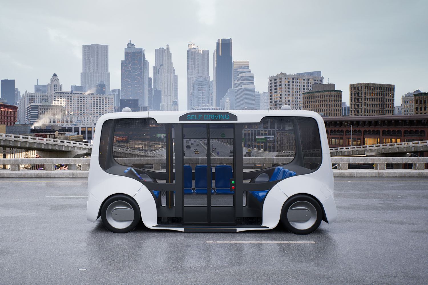 ALT Text: A nine seater self Driving car in the city 