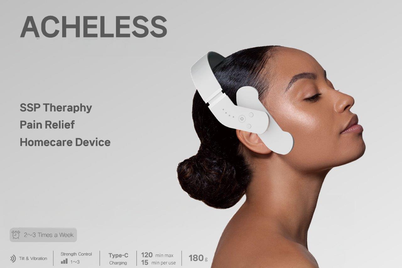 Acheless, a wearable homecare device for SSP therapy and pain relief, featuring a sleek headband design on a woman