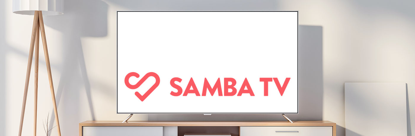 ALT Text: a plain background with the logo and brand name SAMBA TV displayed on the tv with white  behind it.