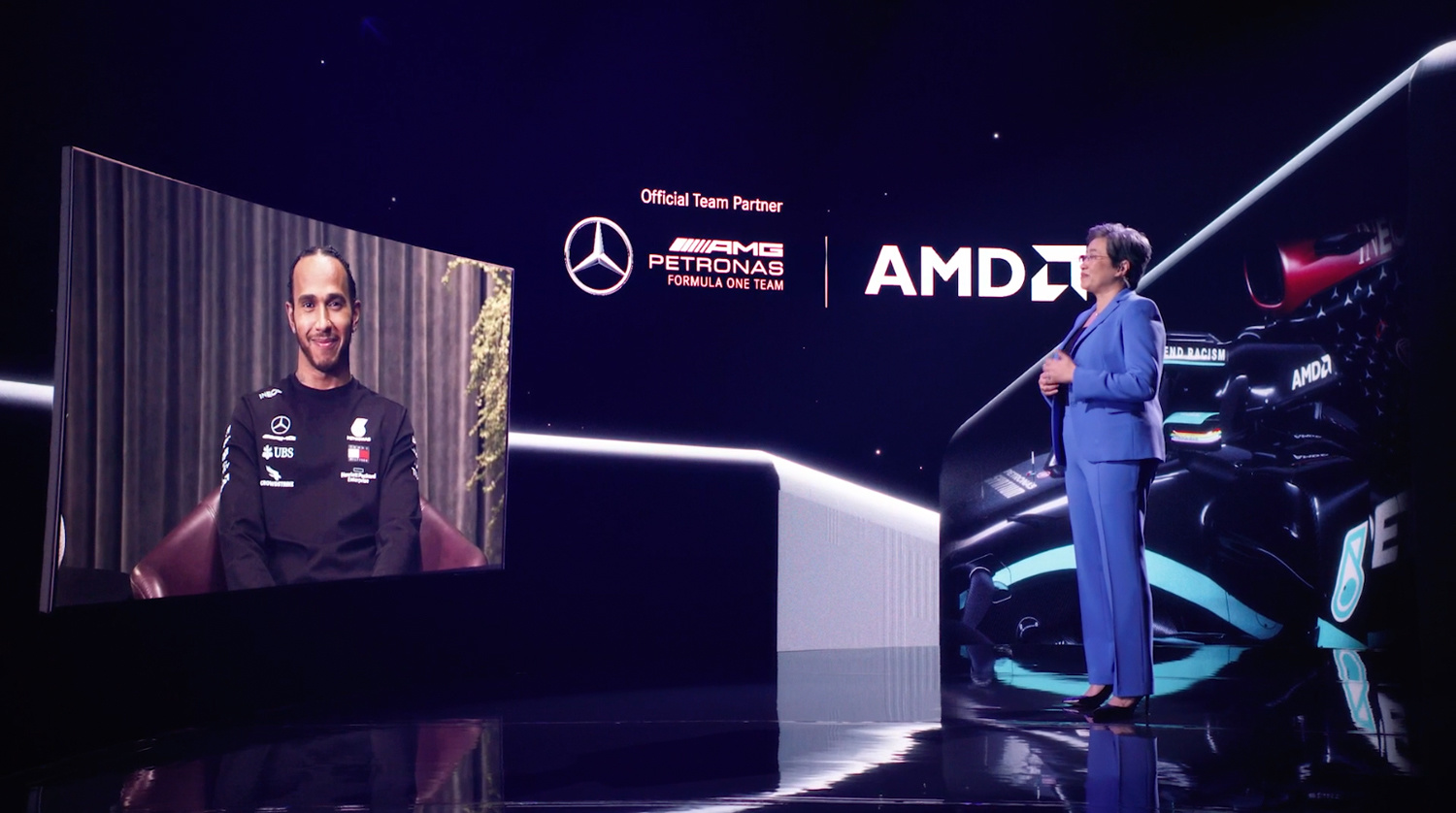 ALT Text: a Video call between the Formula 1 driver Lewis Hamilton and a a woman have a discussion at CES 2021 Virtual 