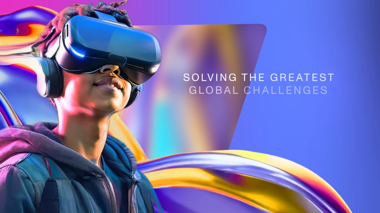 ALT Text a young boy with a VR headset smile out into the distance, having an abstract background with flowing shapes in purple, pink, and yellow