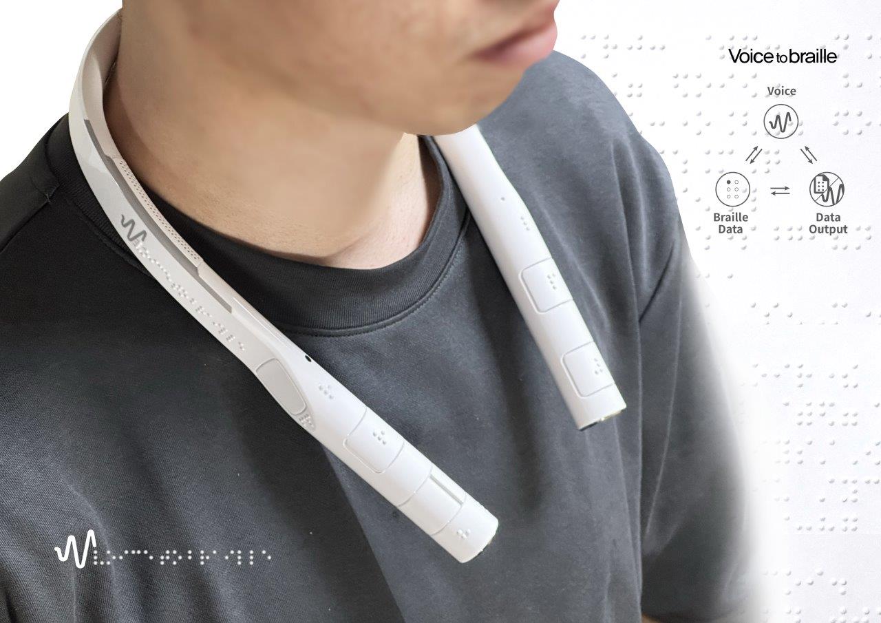 Voice to Braille is a wearable neckband device that converts speech into Braille in real time