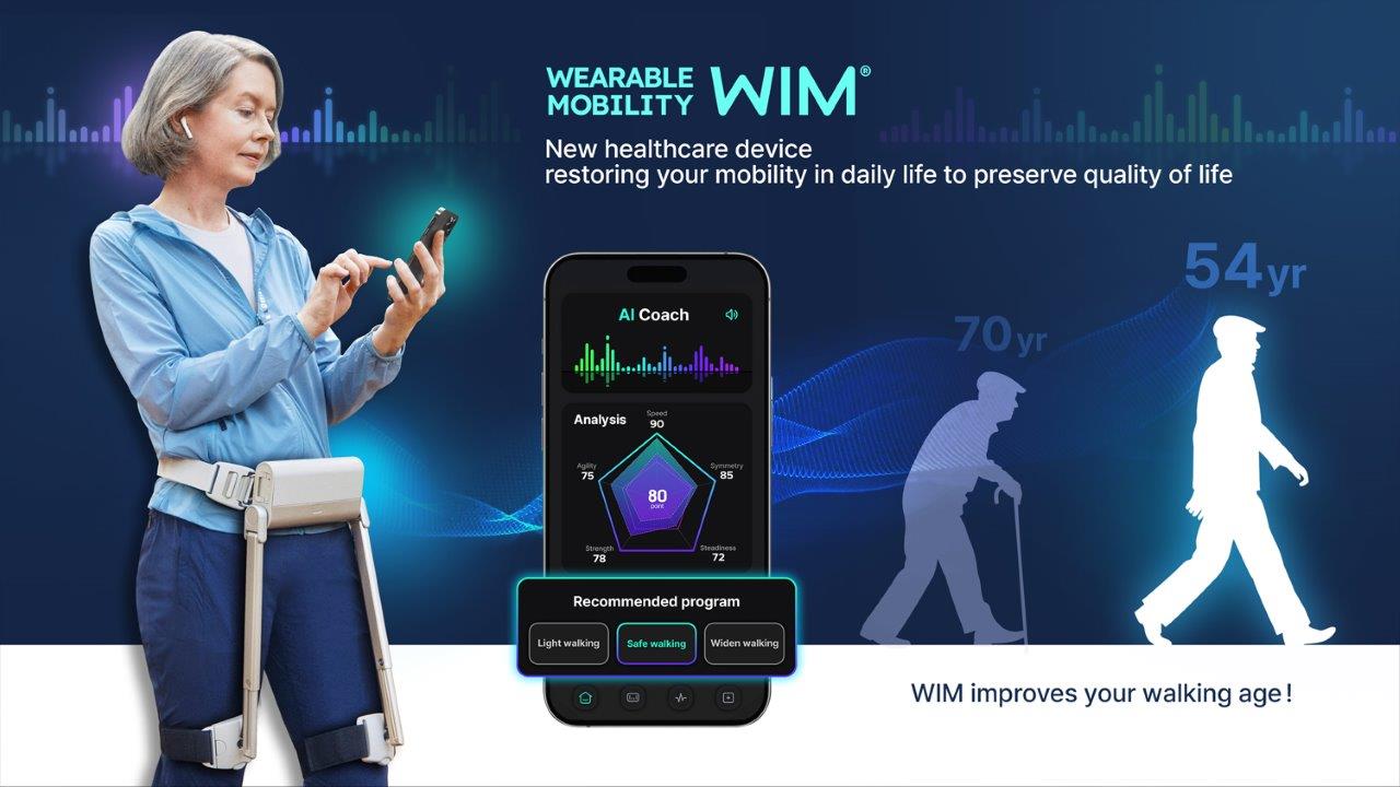 Wearable Mobility WIM, compact AI-powered wearable that enhances walking, supports exercise, and provides personalized coaching.