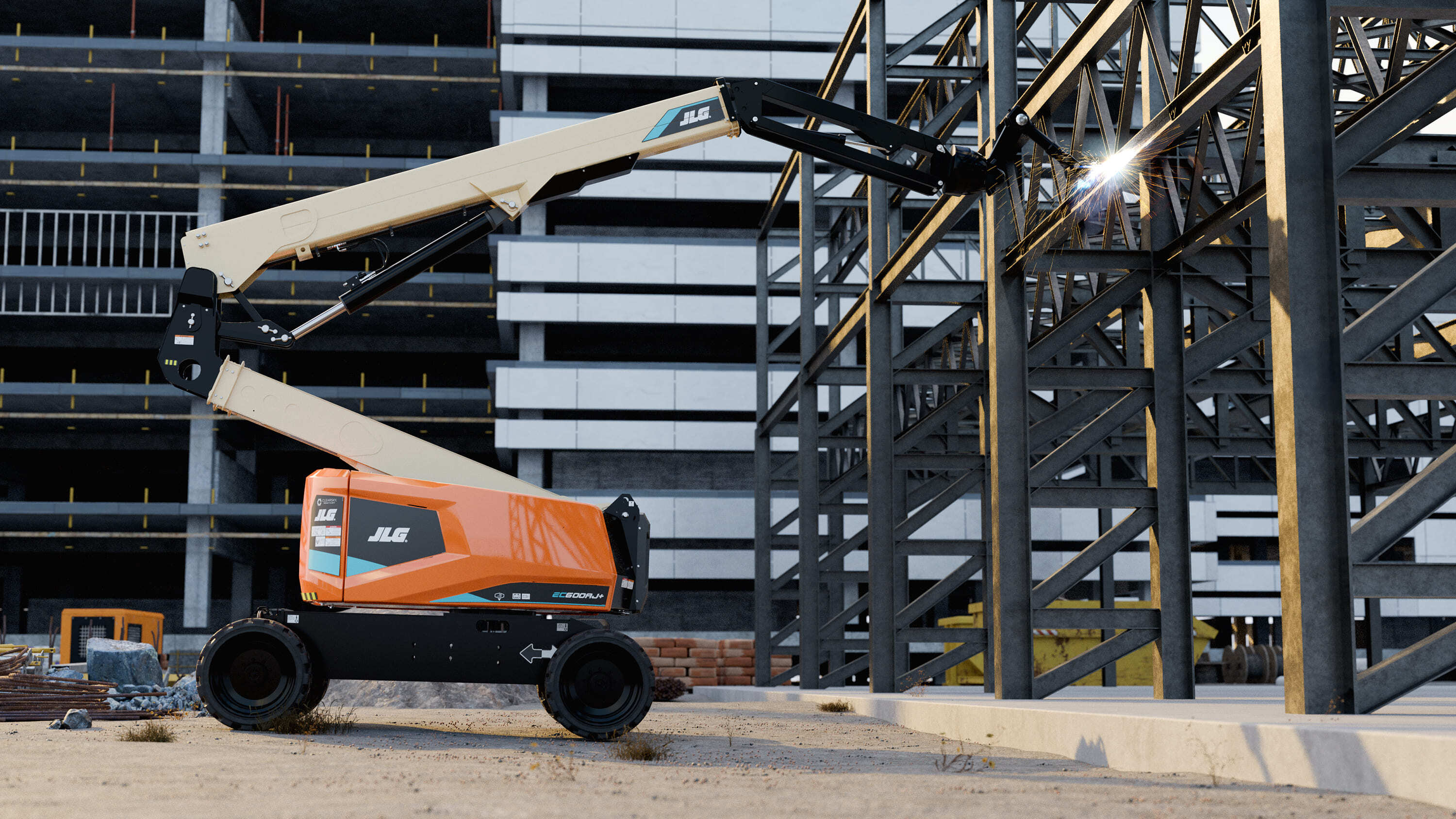 Alt text:An orange and beige JLG boom lift on a construction site extending its robotic arm toward a steel framework, with sparks flying from welding work on the structure.