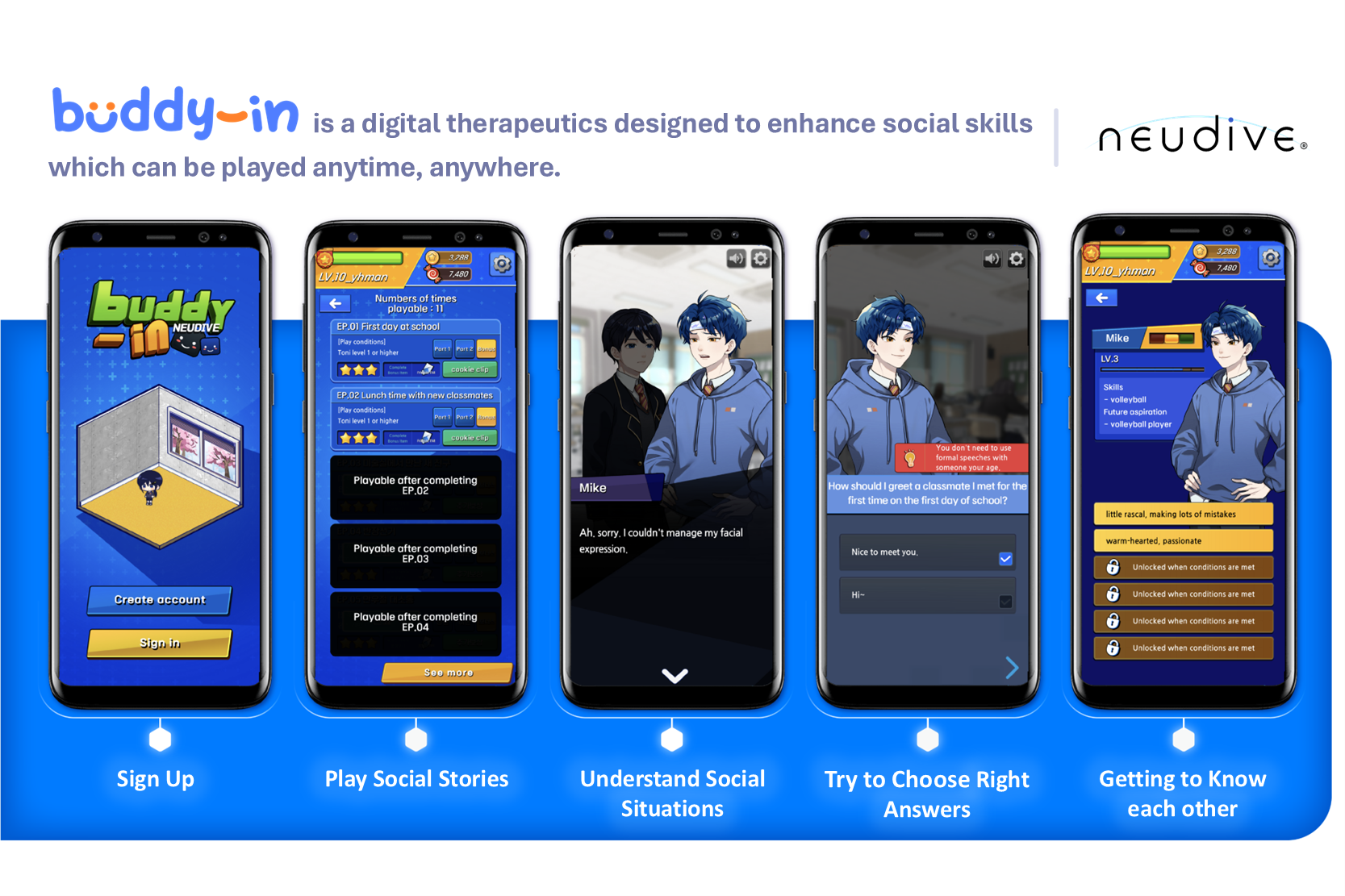 Buddy-in:Digital therapeutic app enhancing social skills through interactive storytelling.